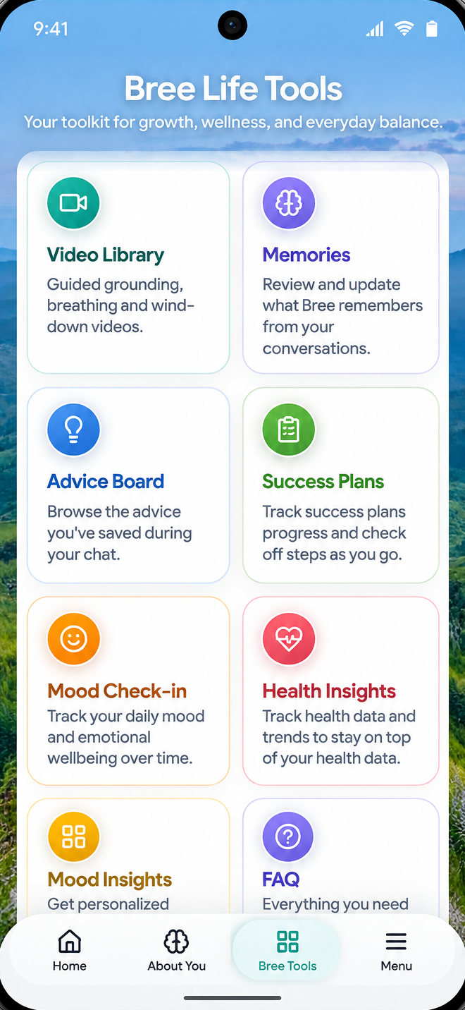 Bree app: Bree Life Tools with video library, memories, advice board, success plans, mood check-in, and health insights